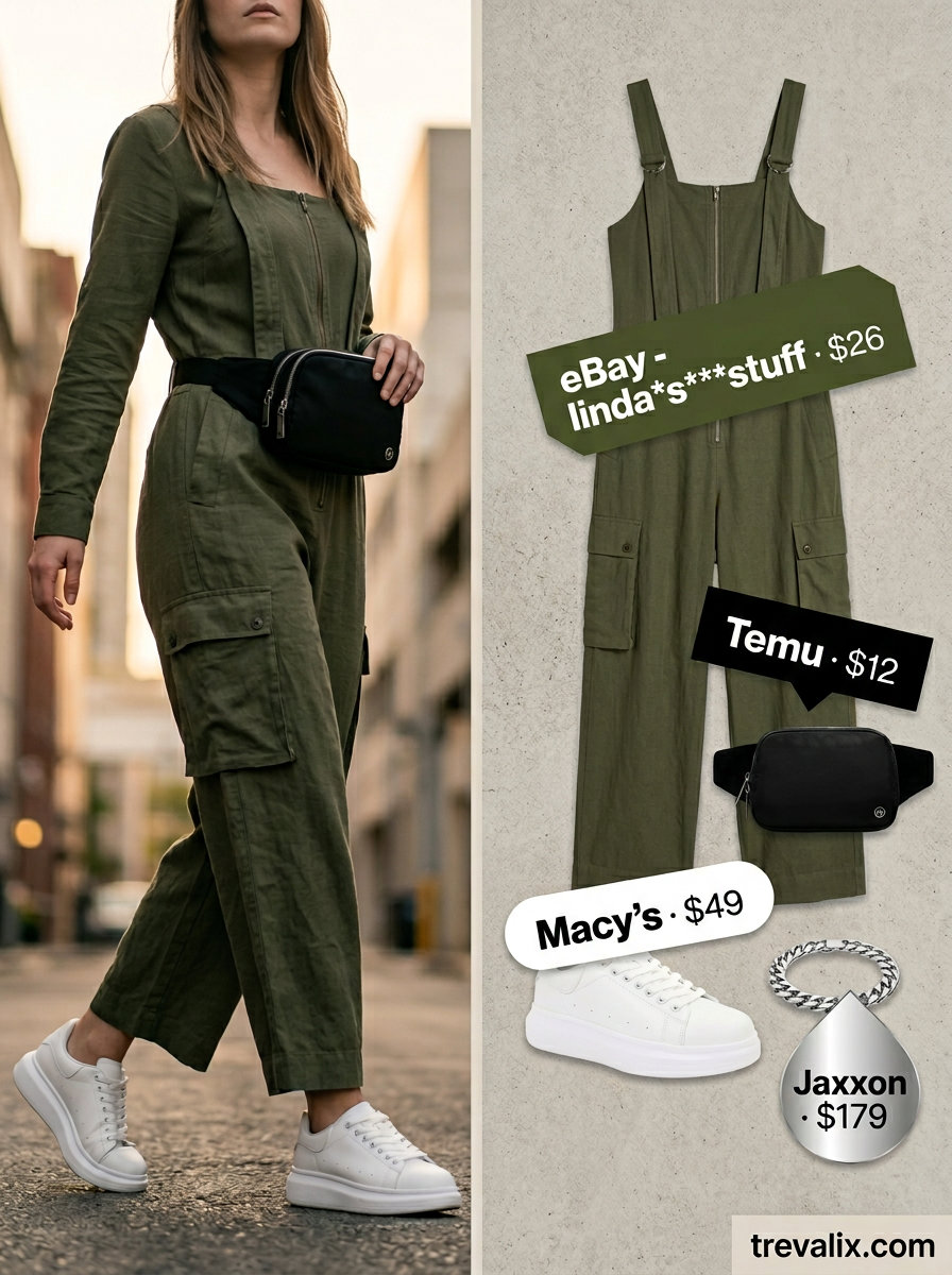 Edgy olive green utility jumpsuit for city exploration 2026. Paired with white sneakers and a black belt bag.