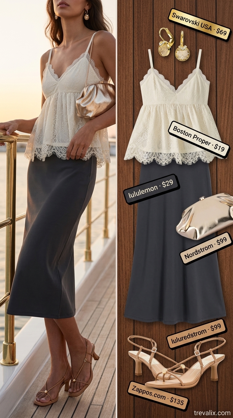 Burgundy midi skirt outfit for women 2026, with cream lace top and gold accessories for a sunset cruise.