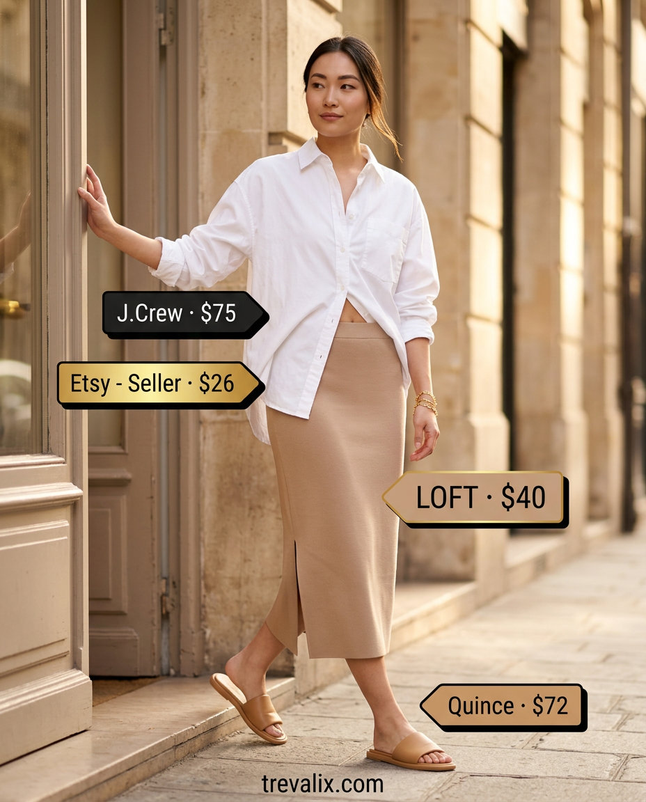 Chic city outfit with a white button-down shirt, beige midi skirt, and gold sandals for summer.