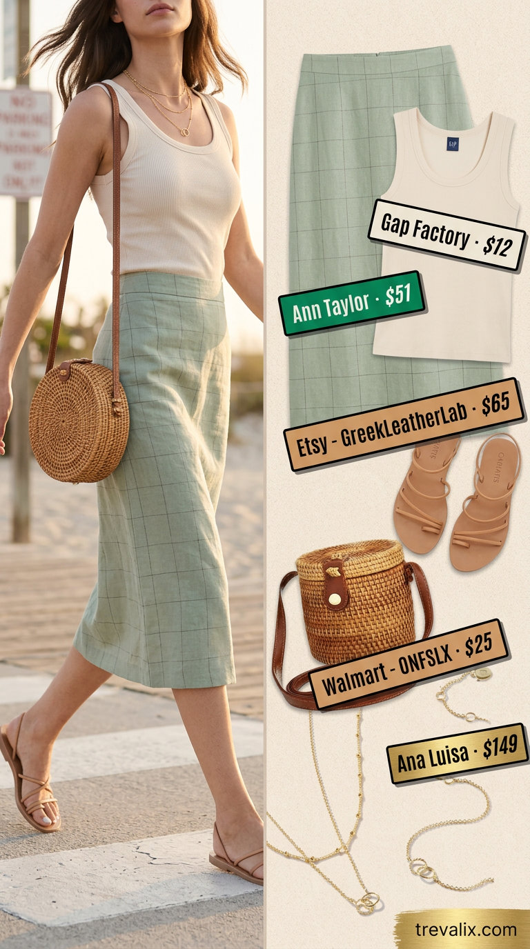 Effortless coastal outfit with a sage green midi skirt, cream tank, straw bag, and flat leather sandals.