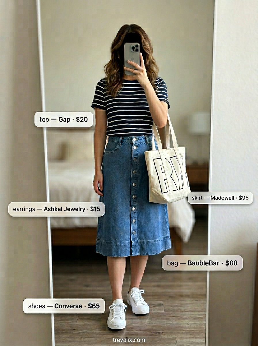 Denim midi skirt outfit for women 2026, with striped tee and white sneakers for weekend brunch.
