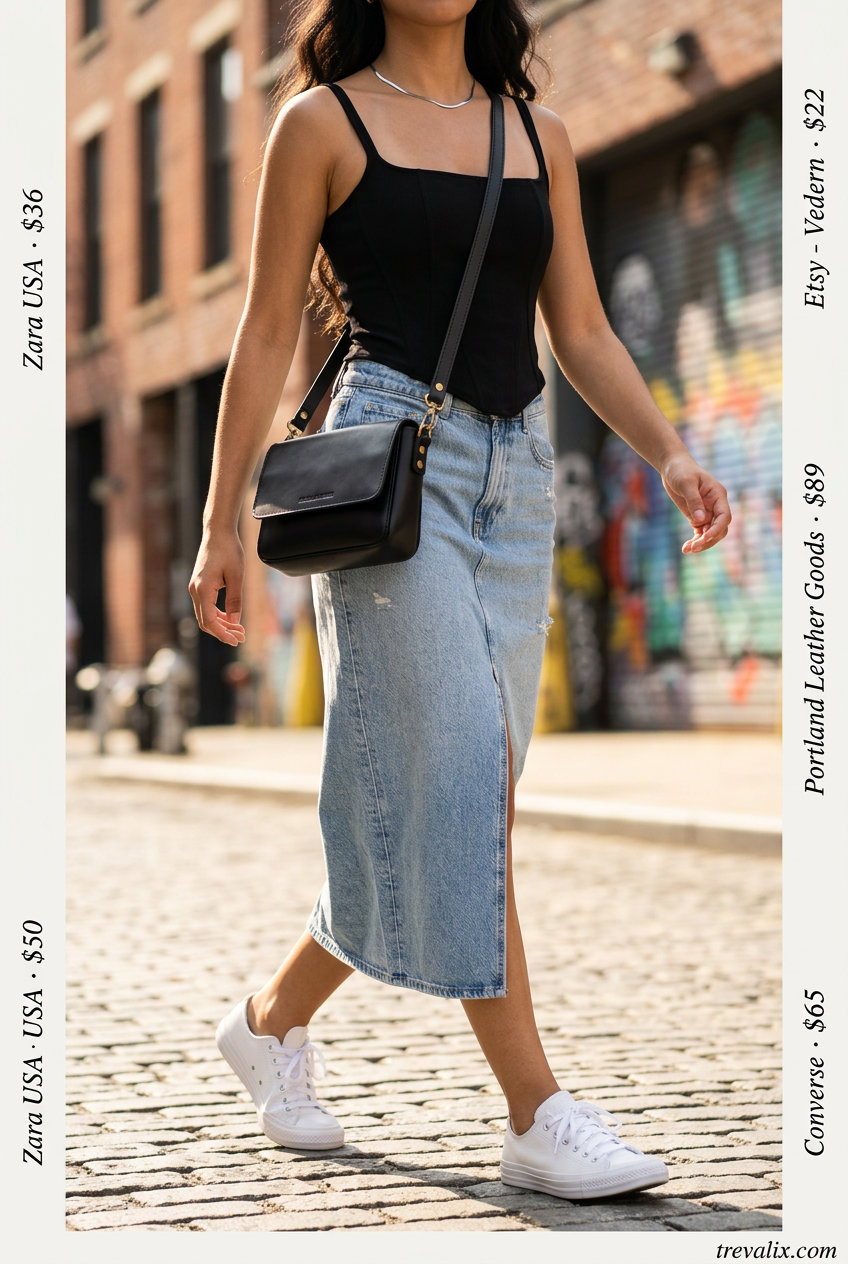 Edgy denim midi skirt outfit with a black corset top, white sneakers, and silver choker for a cool vibe.