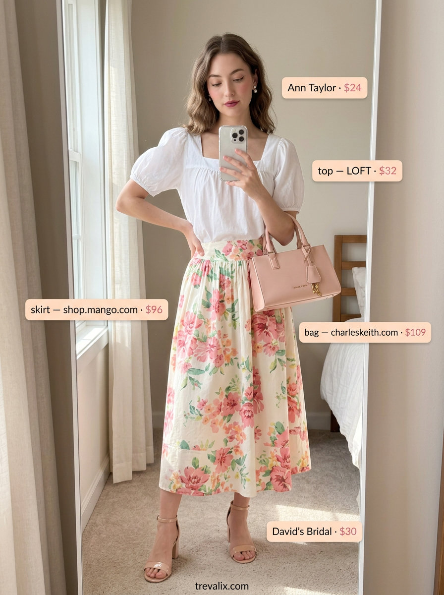 Floral midi skirt outfit for women 2026, with puff-sleeve blouse and block heels for a garden party.