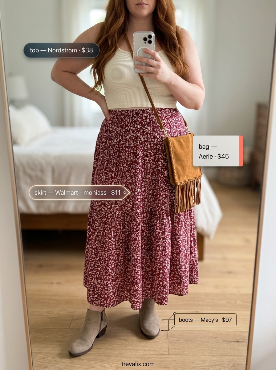 Floral print maxi skirt outfit for women 2026, with cropped tank and suede boots for a festival.