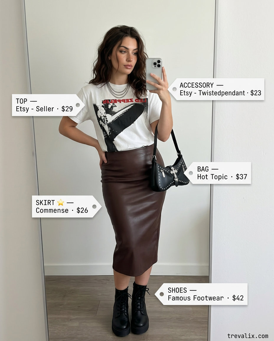 Black faux leather midi skirt outfit for women 2026, with graphic tee and combat boots for a night out.