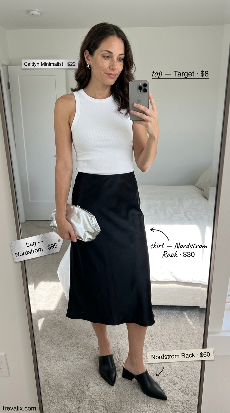 Sophisticated black midi skirt outfit with a white ribbed tank, silver earrings, and black mules for evening.
