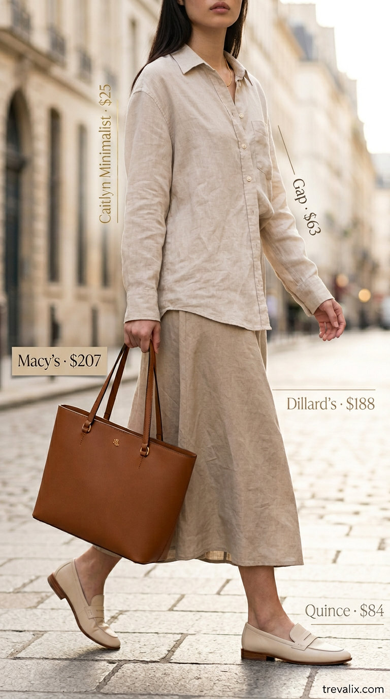 Monochrome linen outfit with a beige midi skirt, matching oversized shirt, and leather loafers for summer work.