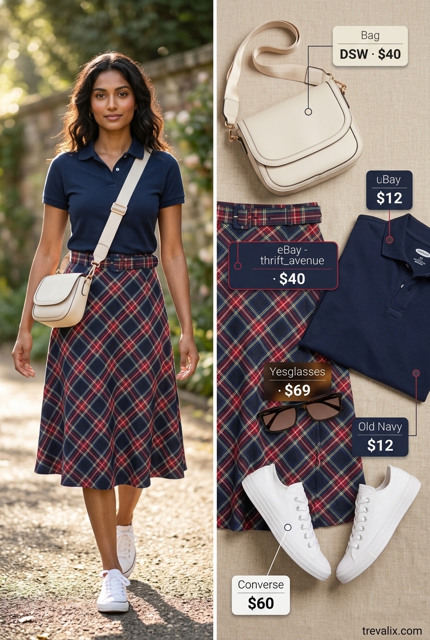 Plaid midi skirt outfit for women 2026, with polo shirt and sneakers for a picnic.