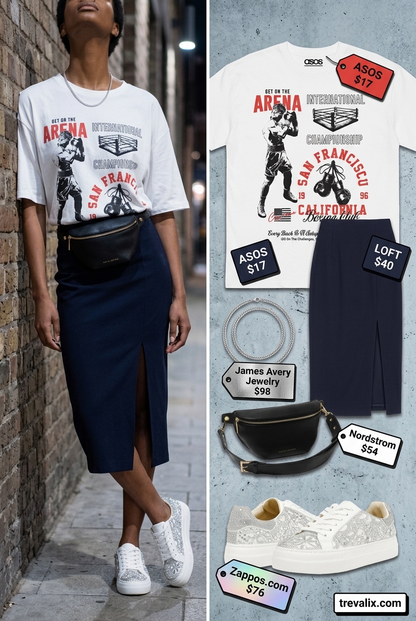 Retro graphic tee outfit with a denim midi skirt, chunky sneakers, and belt bag for a casual look.