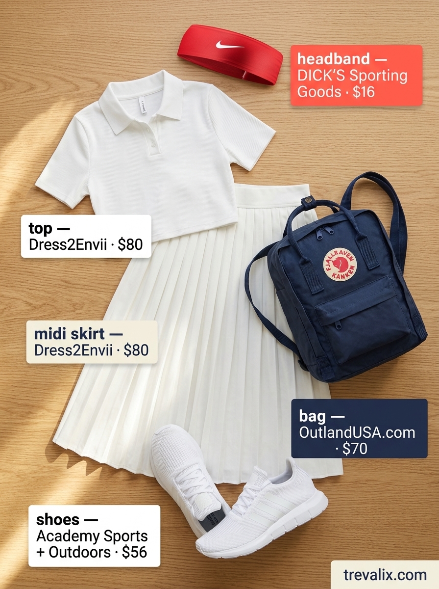 Sporty tennis skirt set outfit with white sneakers and a red headband for a playful casual look.