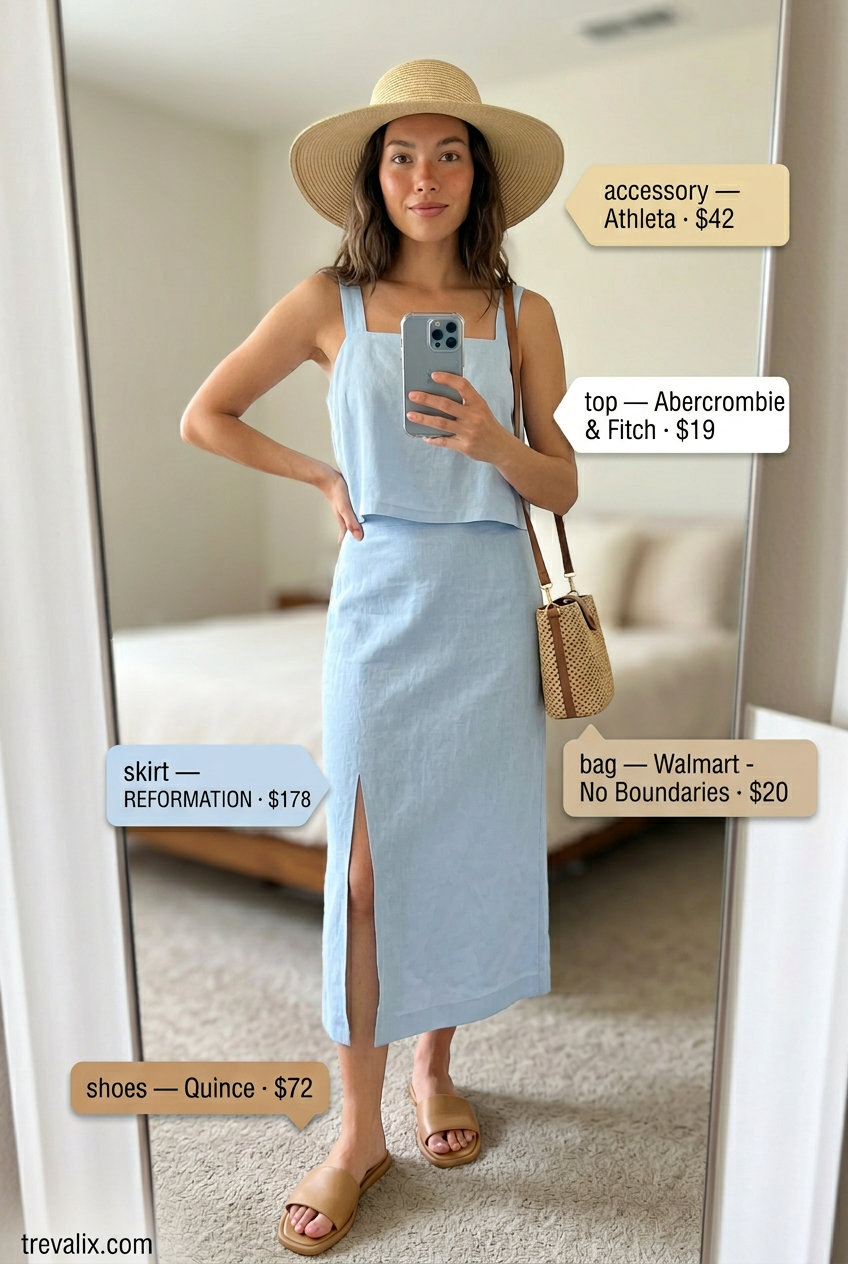 Vacation midi skirt set in pastel blue with a cropped cami, straw hat, and leather slide sandals.