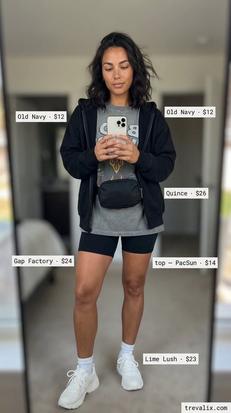 Summer Mom Shorts Outfits for Women 2026: Athleisure style with biker shorts, oversized graphic tee, and zip-up hoodie.
