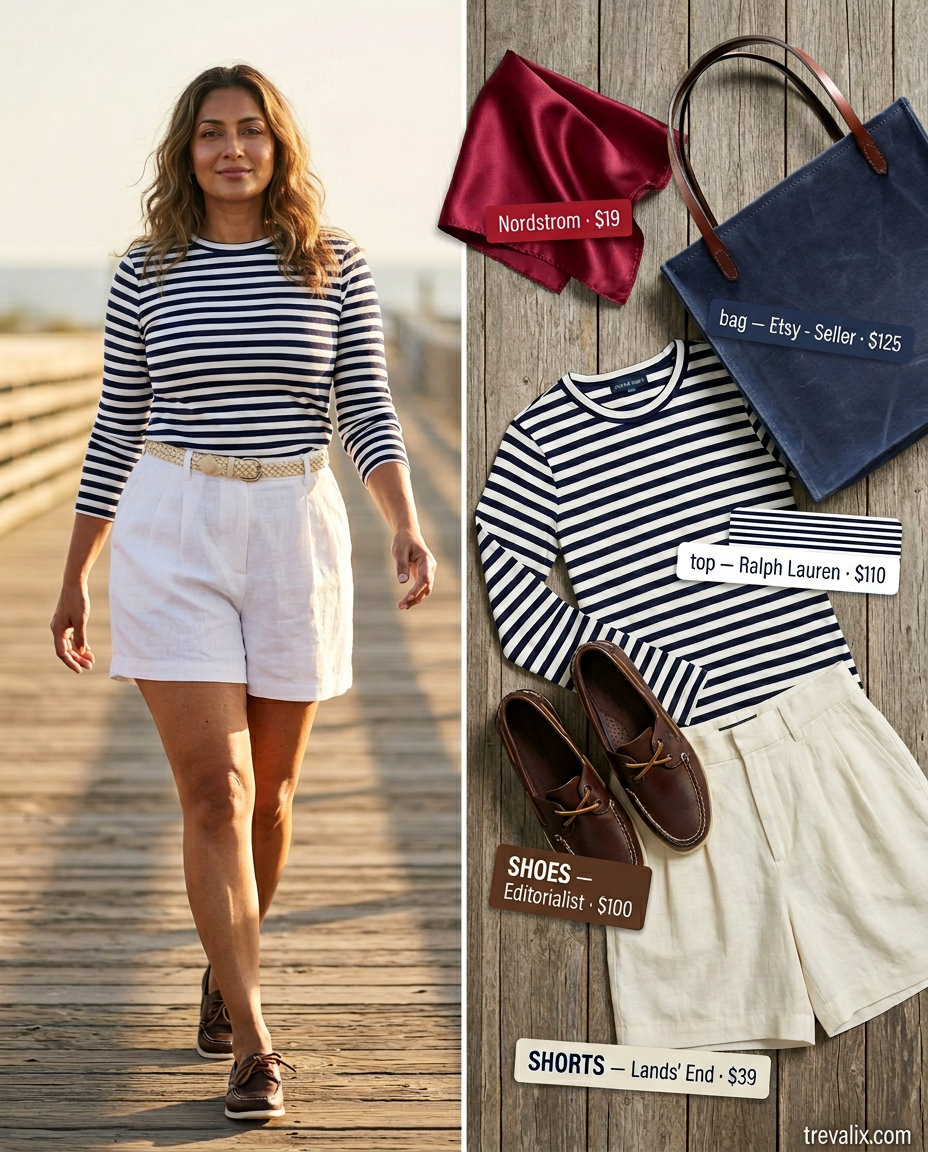 Summer Mom Shorts Outfits for Women 2026: Coastal cruise style with white linen shorts, striped tee, and boat shoes.
