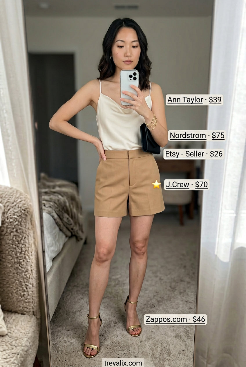 Summer Mom Shorts Outfits for Women 2026: Elegant evening look with camel tailored shorts, satin camisole, and gold heels.