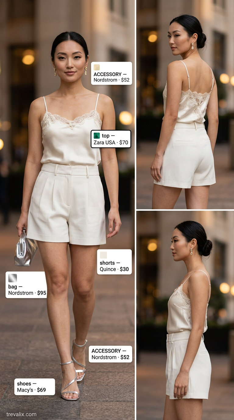 Summer Mom Shorts Outfits for Women 2026: Elegant black tailored shorts with satin camisole and silver heels.