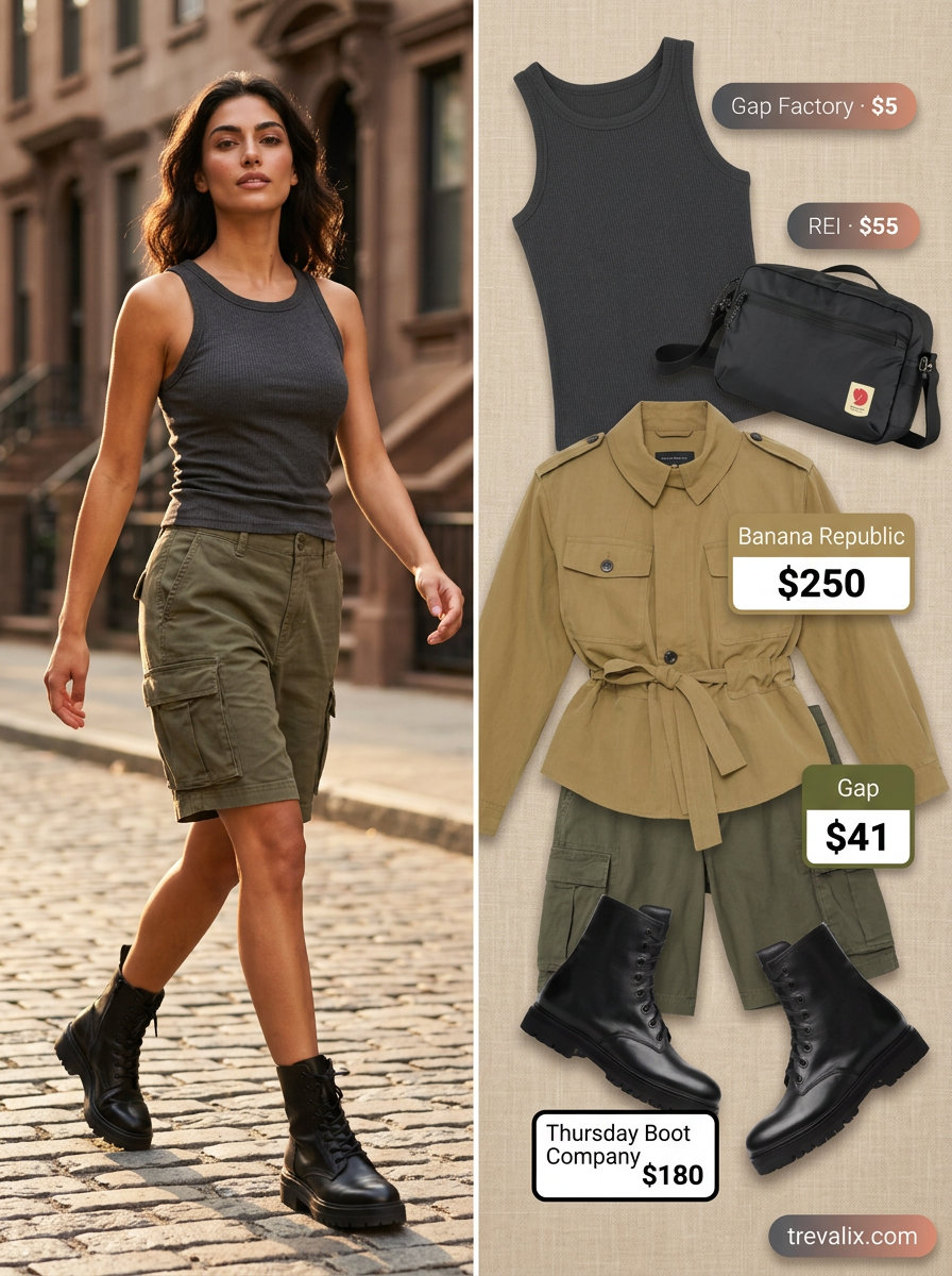Summer Mom Shorts Outfits for Women 2026: Urban safari look with olive cargo shorts, utility jacket, and combat boots.