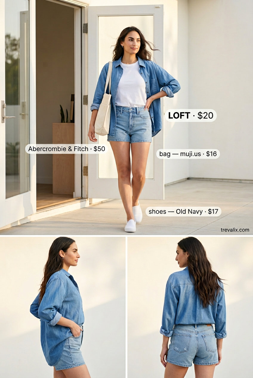Summer Mom Shorts Outfits for Women 2026: Casual weekend look with light wash denim mom shorts, graphic tee, and chambray shirt.