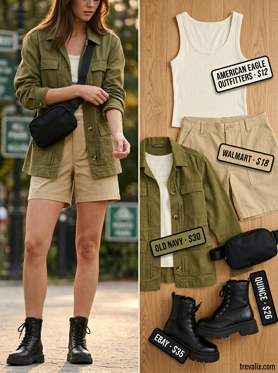 Summer Mom Shorts Outfits for Women 2026: Weekend getaway with khaki utility shorts, utility jacket, and combat boots.