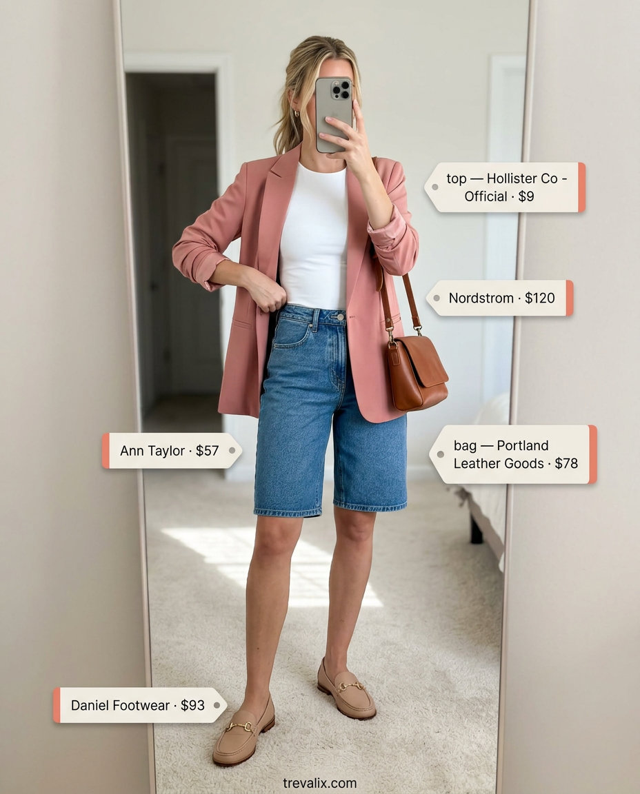 Summer Mom Shorts Outfits for Women 2026: Bermuda shorts, blush blazer, loafers for city exploring.