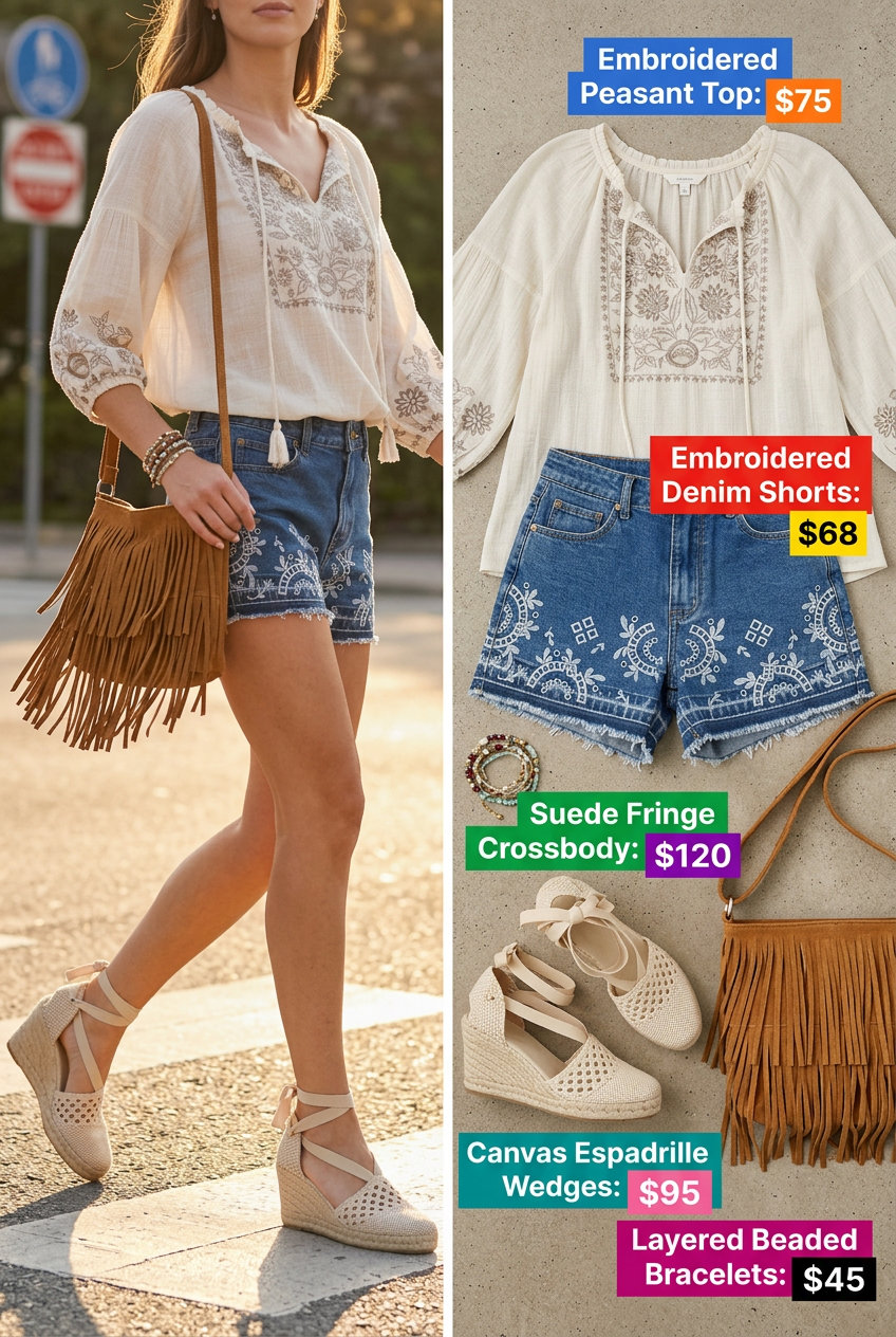Summer Mom Shorts Outfits 2026: Boho evening chic with embroidered denim shorts, peasant blouse, and espadrilles.