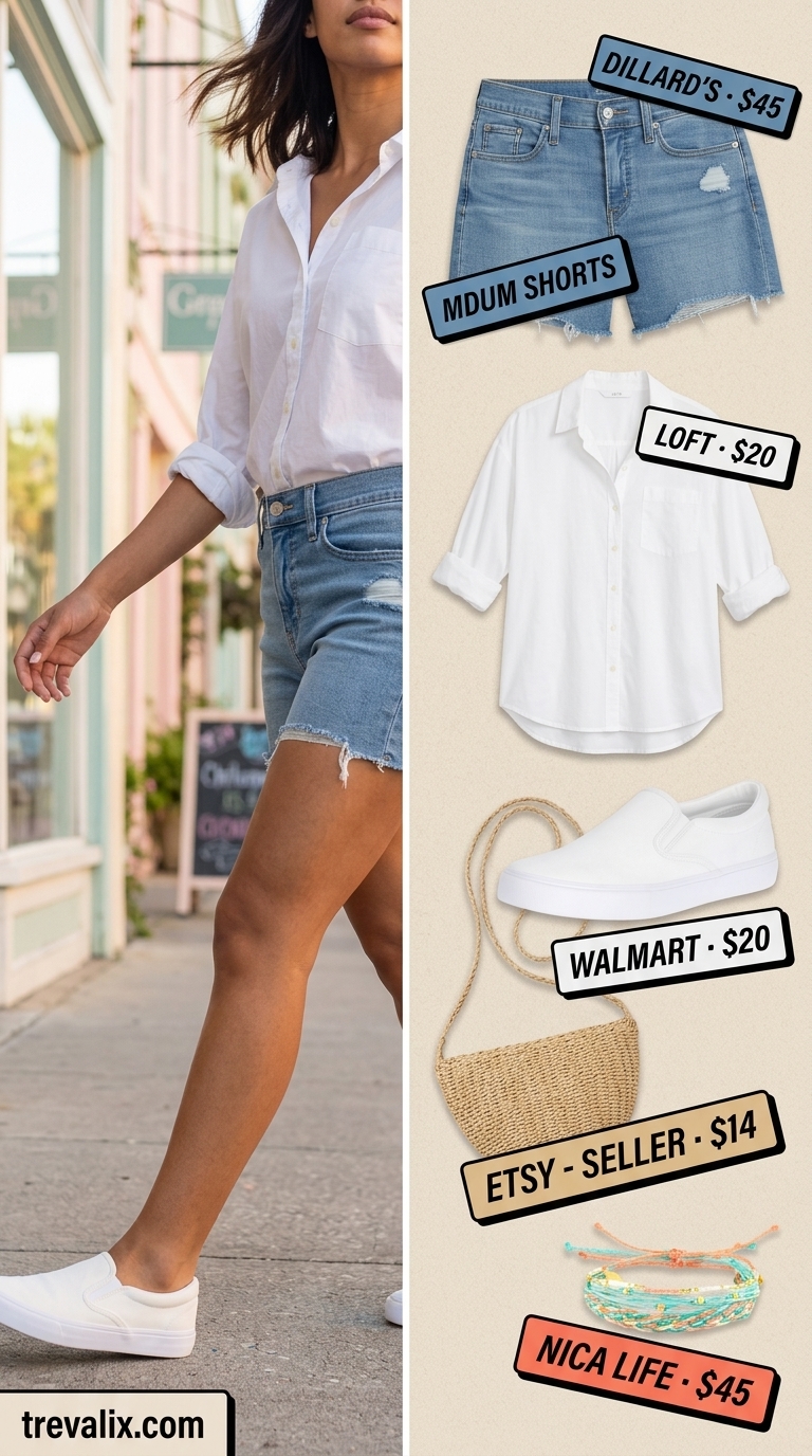 Summer Mom Shorts Outfits for Women 2026: Denim shorts, oversized white shirt, straw bag for beach day.