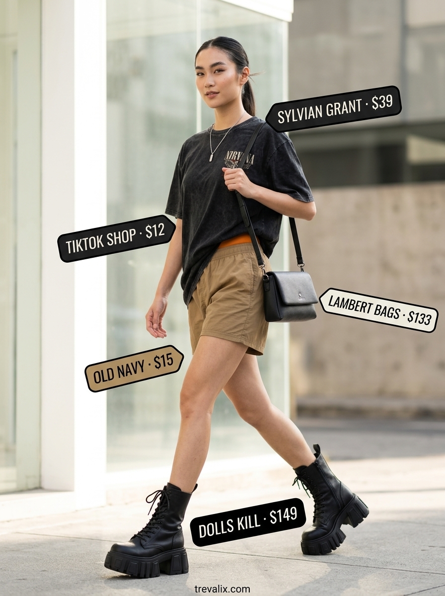 Summer Mom Shorts Outfits for Women 2026: Edgy band tee, faux leather shorts, platform boots for night out.