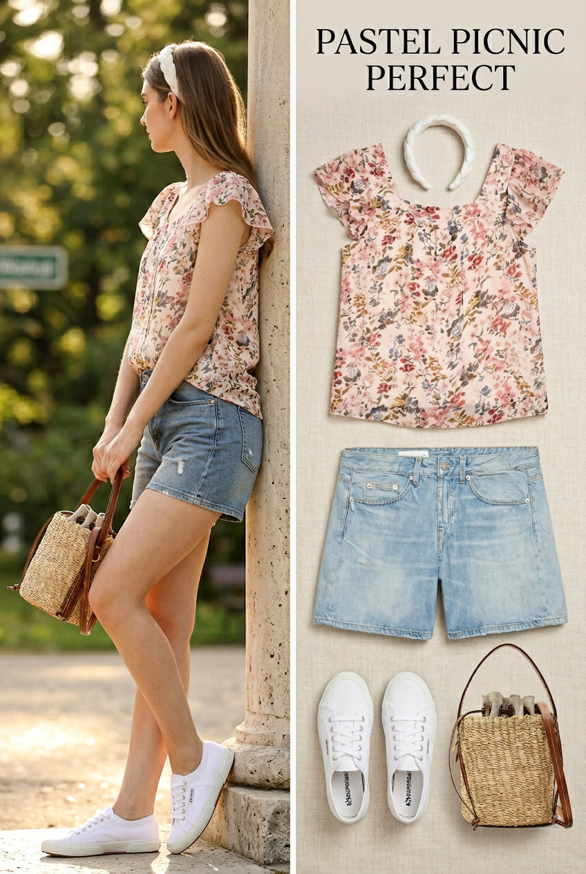 Summer Mom Shorts Outfits 2026: Pastel picnic perfect with light blue denim shorts, floral blouse, and canvas sneakers.