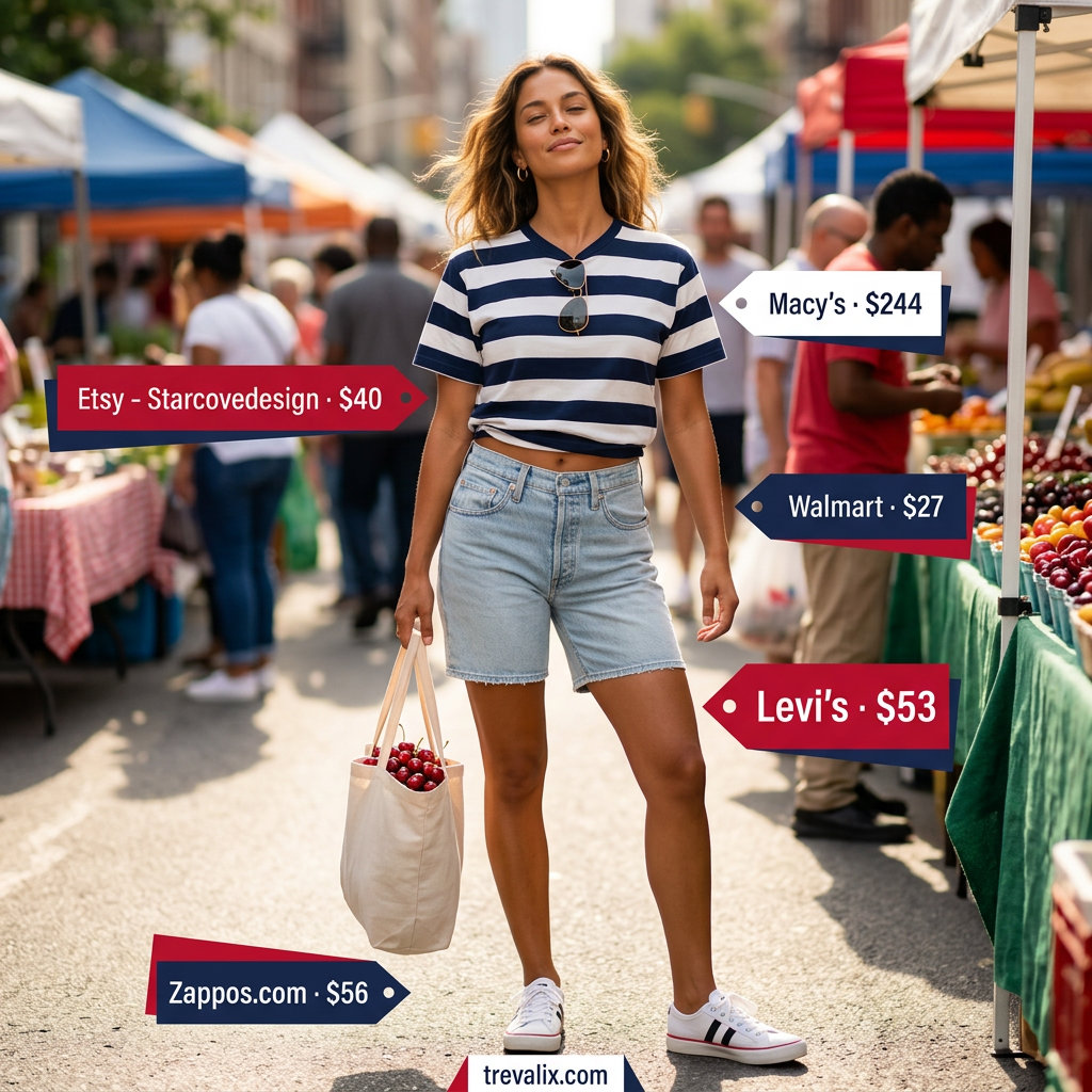 Summer Mom Shorts Outfits 2026: Retro vibes with striped tee, light wash denim shorts, aviators, and red crossbody.