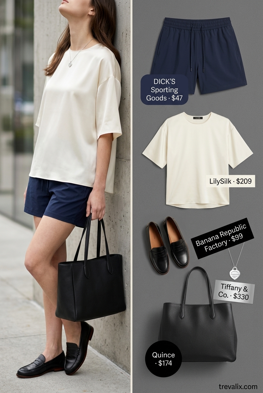Summer Mom Shorts Outfits for Women 2026: Silk blouse, leather loafers, tote bag for office.