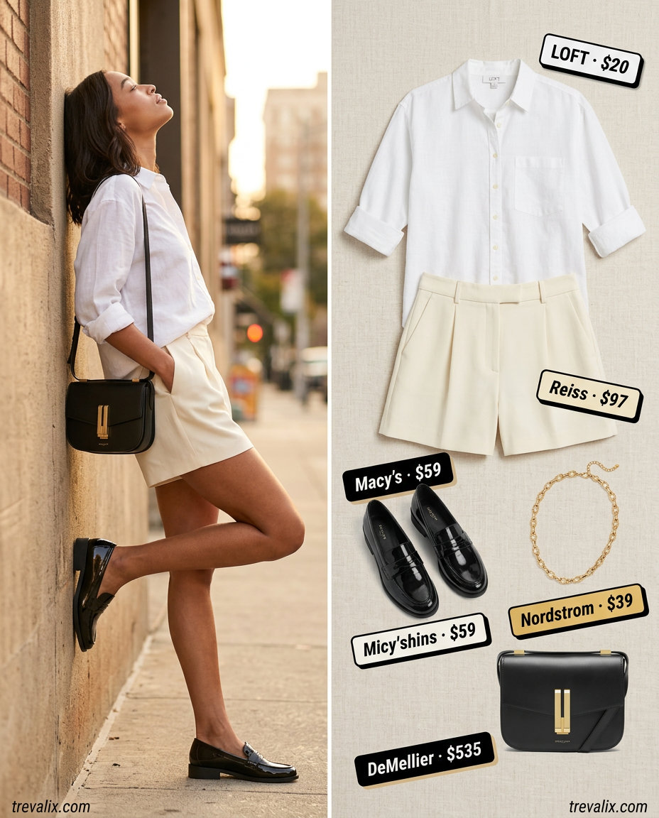 Summer Mom Shorts Outfits 2026: Urban explorer chic with oversized white shirt, beige city shorts, and loafers.