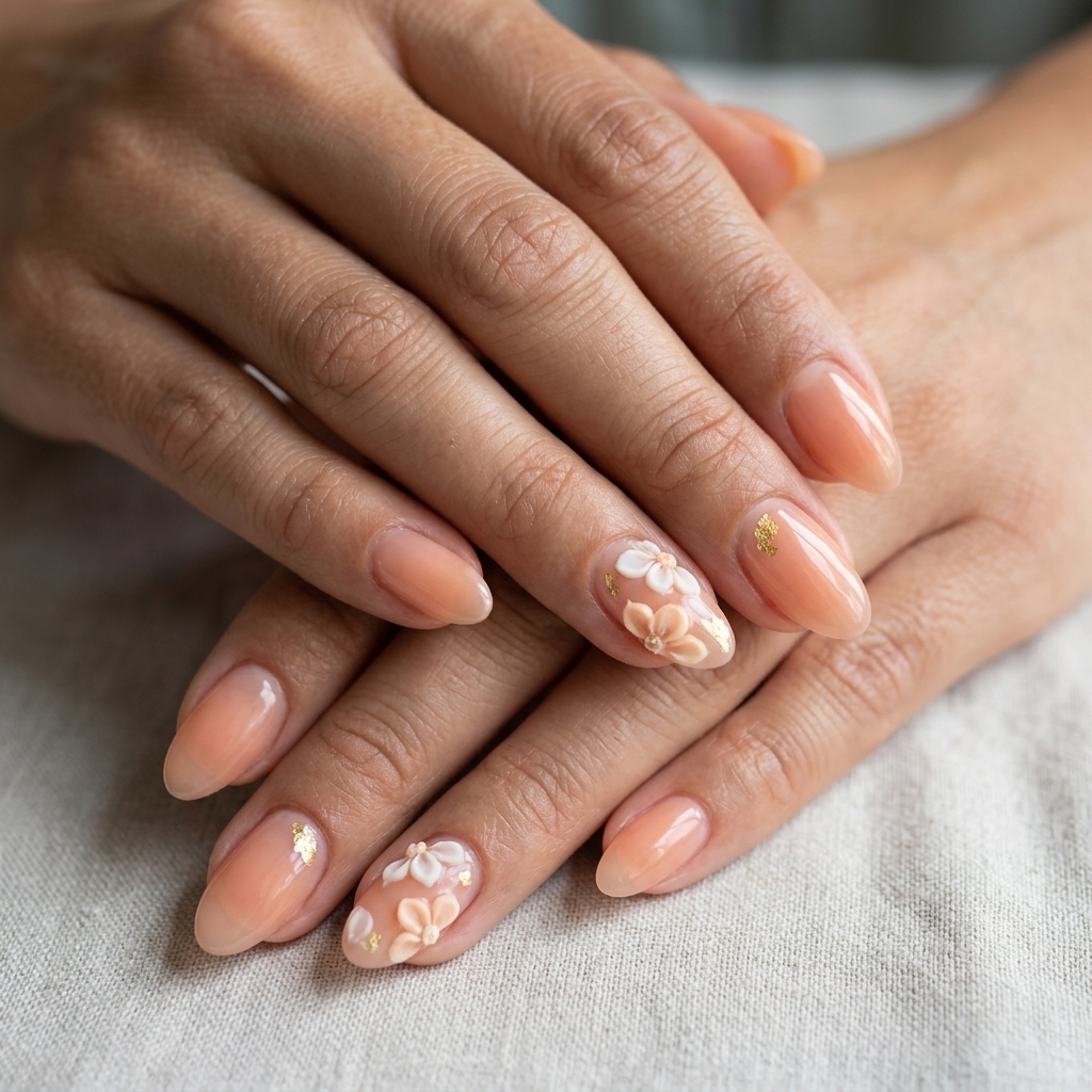 Blooming Peach Garden Almond Nails | Summer Nail Inspo 2026 Romantic sheer peach jelly nails with 3D cream florals and gold foil accents. Summer nail inspo 2026.
