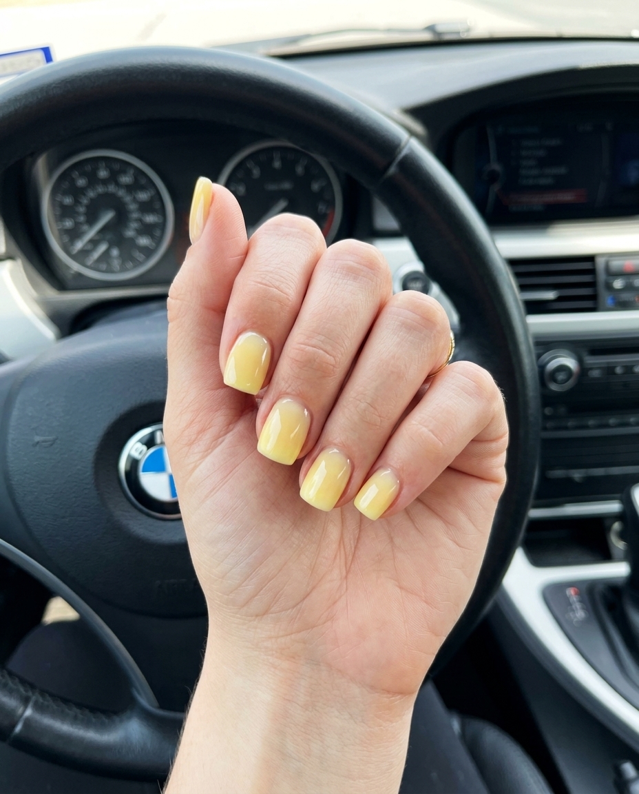 Summer Nail Inspo 2026: Butter Yellow Aura Butter Yellow Aura Square nails for summer nail inspo 2026. Clean-girl style with a soft yellow gradient effect.