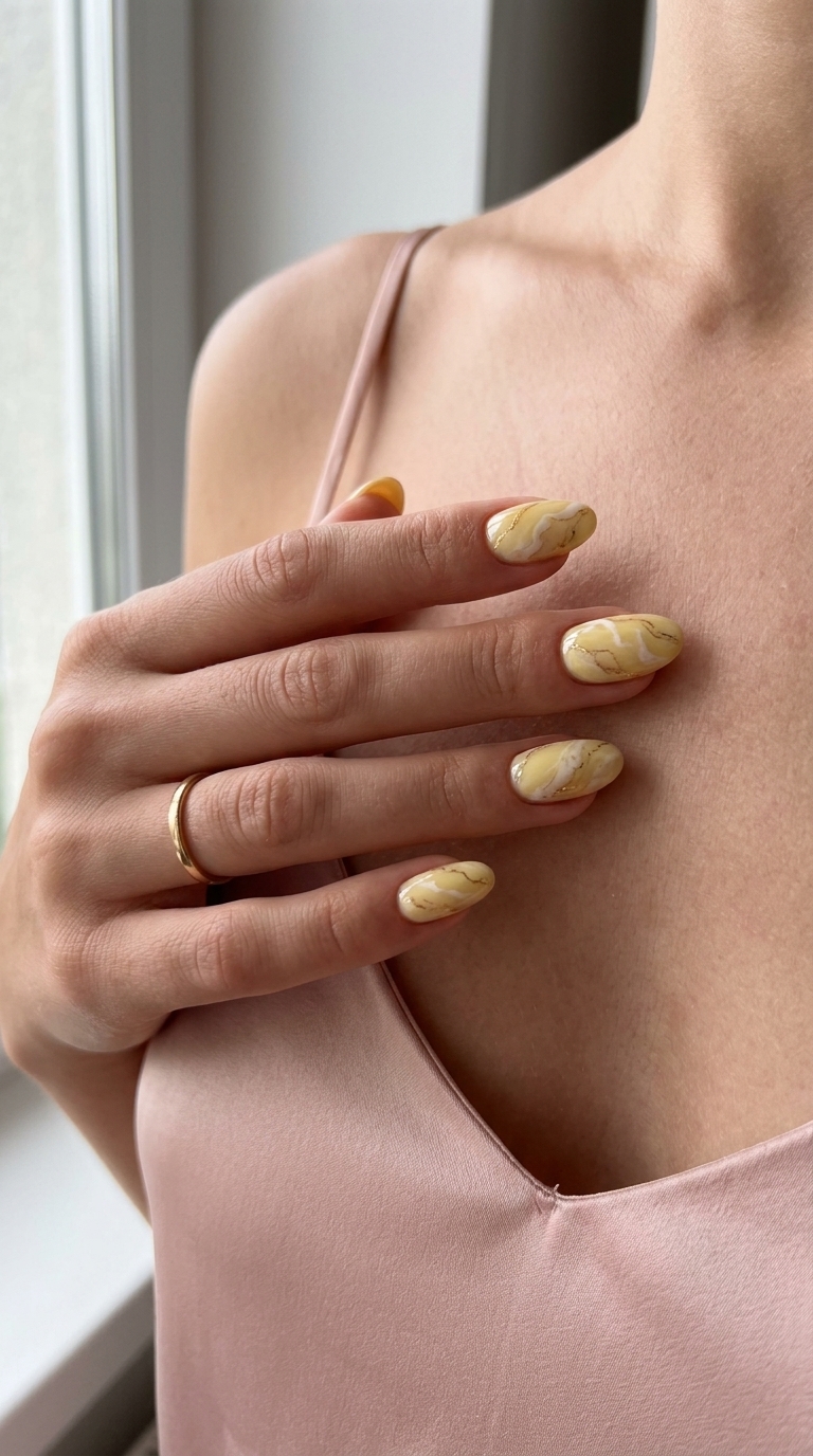 Artistic Butter Yellow Marble Nails 2026 Artistic butter yellow marble oval nails for formal events and elevated daily summer nail inspo 2026.