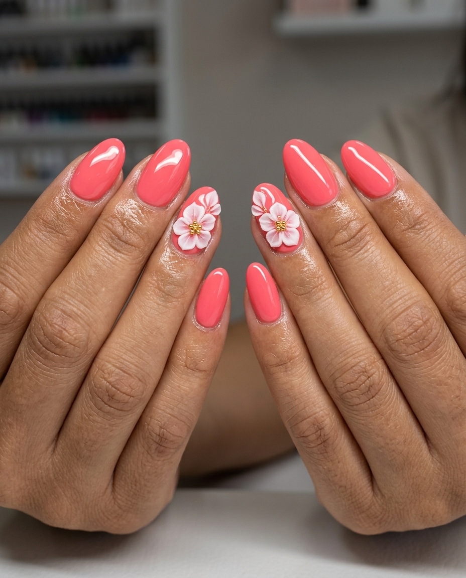 Summer Nail Inspo 2026: Coral 3D Garden Blooming Coral 3D Garden nails for summer nail inspo 2026. Vibrant coral pink with 3D flowers for a romantic event.