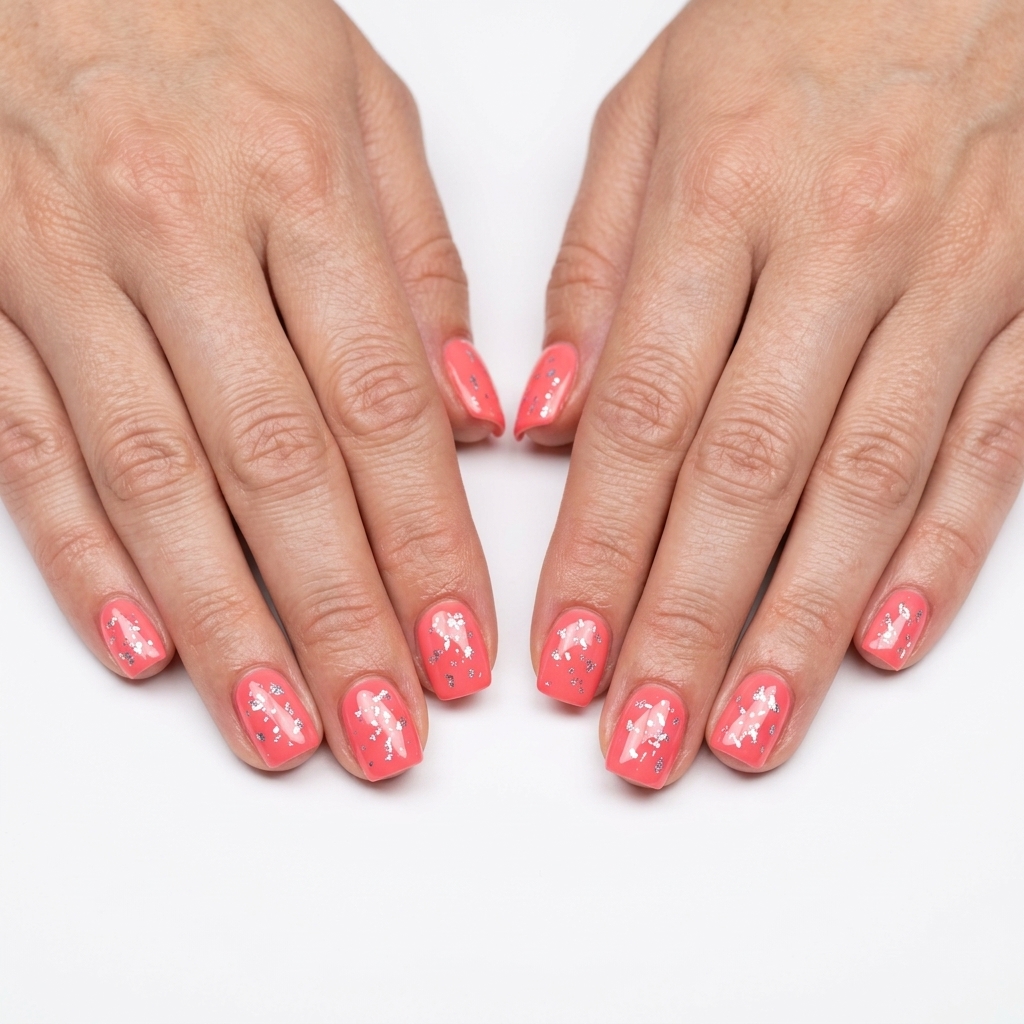 Coral Pink Foil Flake Square Nails | Summer Nail Inspo 2026 Playful coral pink square nails with iridescent silver foil flakes. Glamorous and fun. Summer nail inspo 2026.