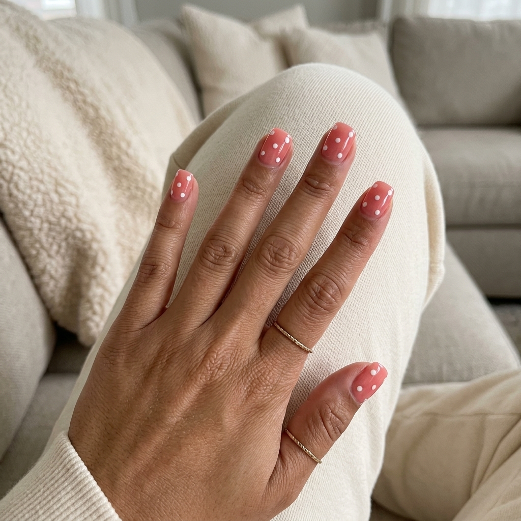 Summer Nail Inspo 2026: Coral Pink Polka Dots Sweet Coral Pink Polka Dots nails for summer nail inspo 2026. Playful sheer pink with white dots for casual days.