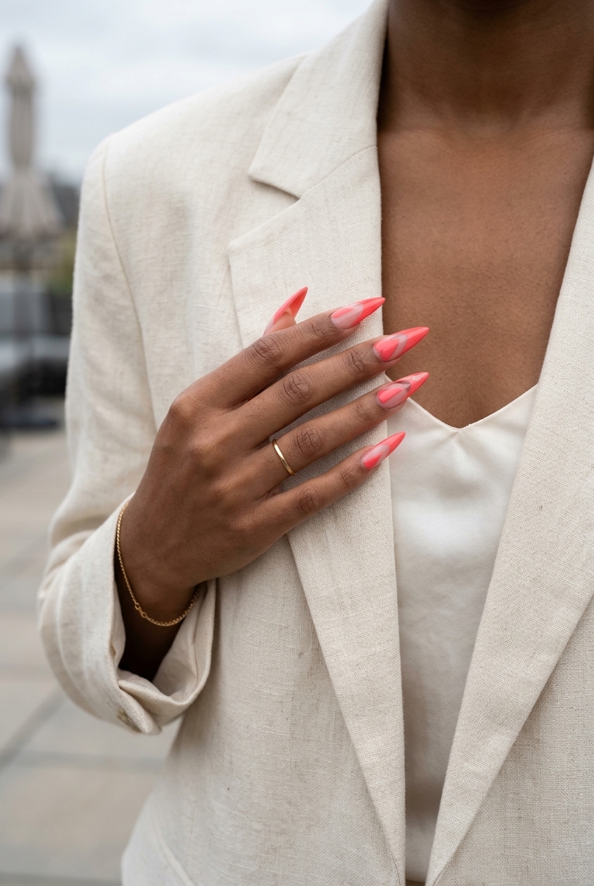 Edgy Coral Pink Stiletto Nails 2026 Edgy coral pink negative space stiletto nails for festival and night out summer nail inspo 2026.