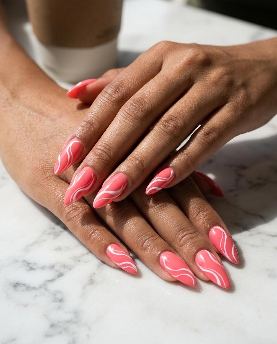 Summer Nail Inspo 2026: Coral Pink Swirl Stiletto Tropical Coral Pink Swirl Stiletto nails for summer nail inspo 2026. Edgy pink with white abstract swirls for a night out.