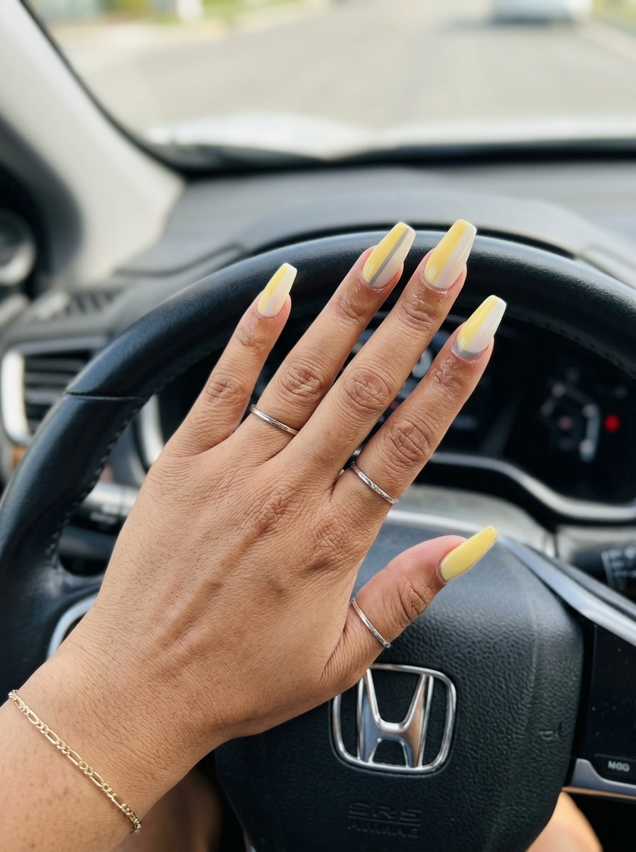 Summer Nail Inspo 2026: Geometric Yellow Block Geometric Butter Yellow Block nails for summer nail inspo 2026. Minimalist design with yellow, white, and grey lines.