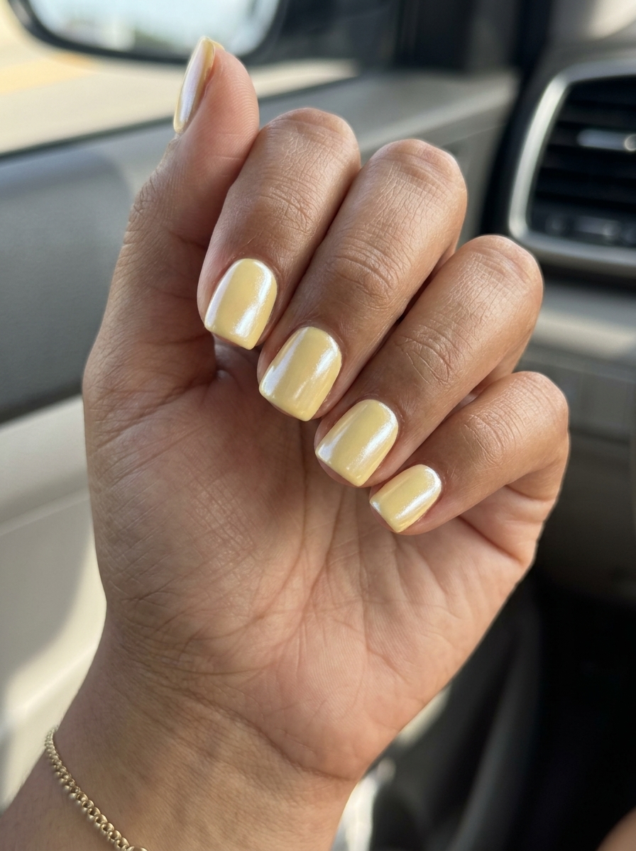 Luminous Butter Yellow Chrome Nails | Summer Nail Inspo 2026 Sophisticated butter yellow chrome short square nails with a pearlescent shimmer. Summer nail inspo 2026.