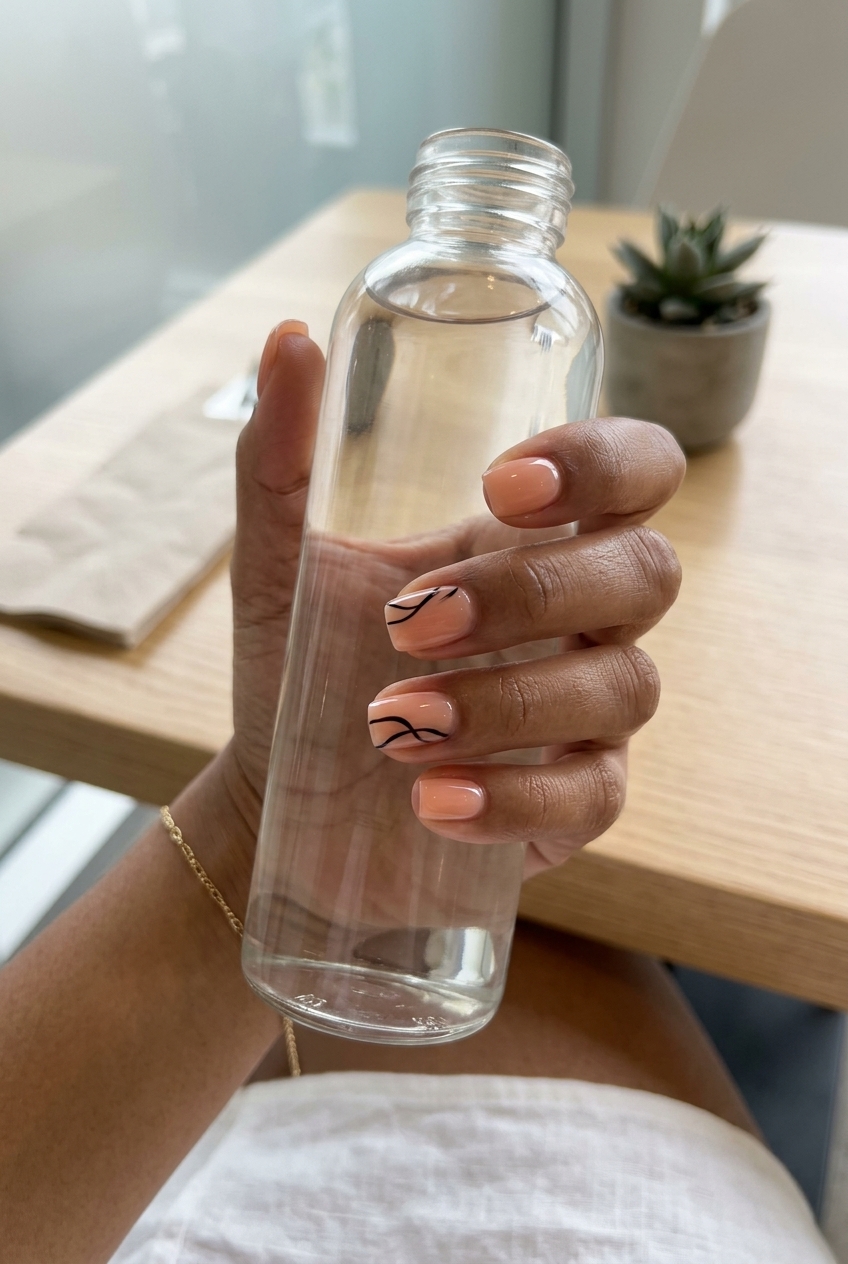 Summer Nail Inspo 2026: Peach Line Art Minimalist Peach Line Art nails for summer nail inspo 2026. Chic sheer peach with abstract black lines for daily wear.