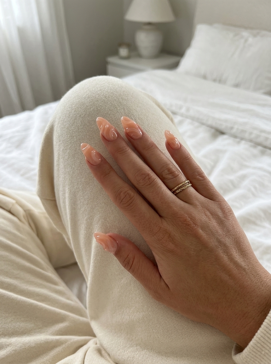 Summer Nail Inspo 2026: Peach Textured Swirls Artisanal Peach Textured Swirls nails for summer nail inspo 2026. Bohemian style with sheer peach and clear gel texture.