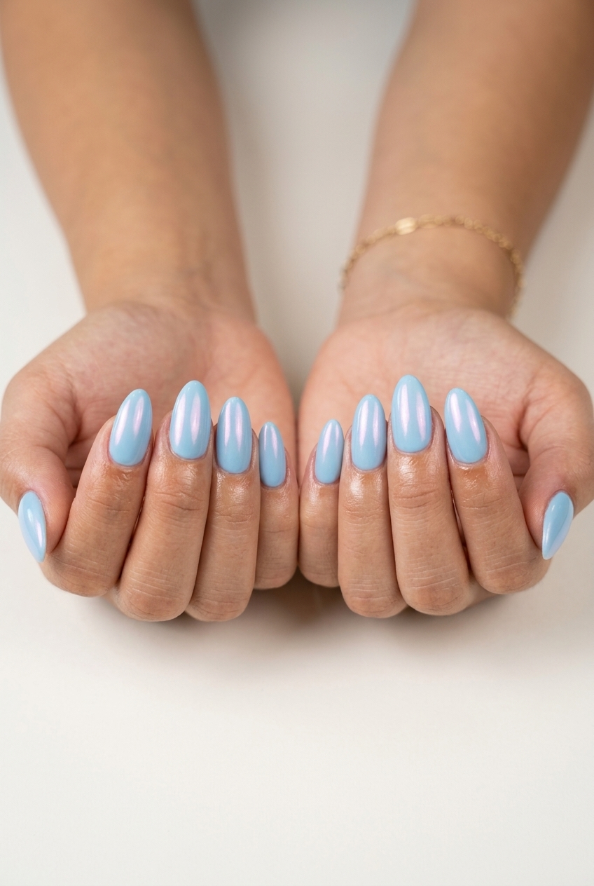 Sky Blue Glazed Donut Almond Nails | Summer Nail Inspo 2026 Dreamy sky blue glazed donut almond nails with a pearlescent sheen. Summer nail inspo 2026.