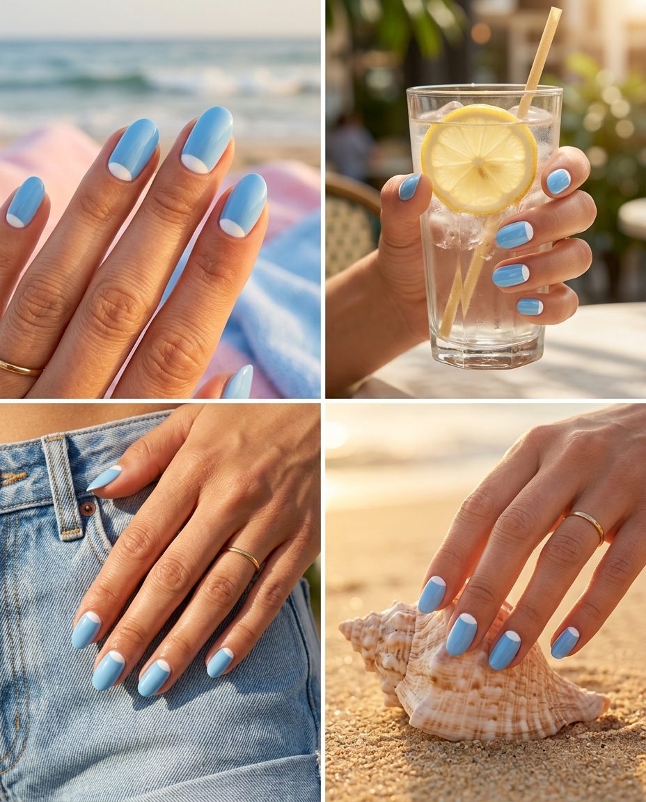 Chic Sky Blue Reverse French 2026 Chic sky blue reverse French nails for daily wear and work summer nail inspo 2026.