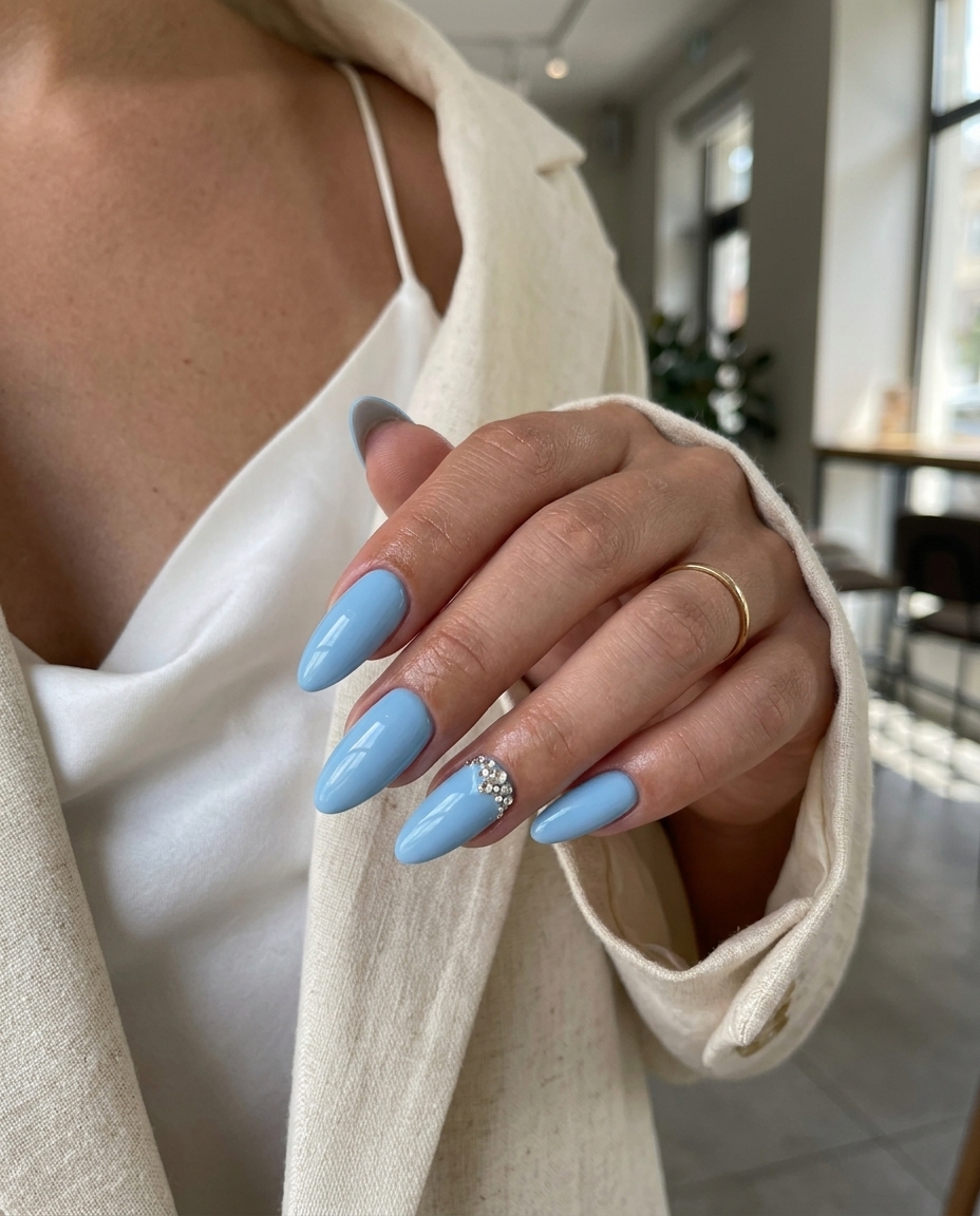 Elegant Sky Blue Rhinestone Nails 2026 Elegant sky blue rhinestone accent nails for wedding guest and bridal shower summer nail inspo 2026.