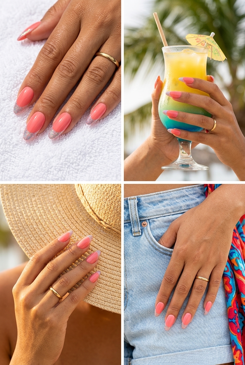 Sparkling Coral Glitter French Nails | Summer Nail Inspo 2026 Glamorous coral pink glitter French tips on almond nails. Festive and vibrant. Summer nail inspo 2026.