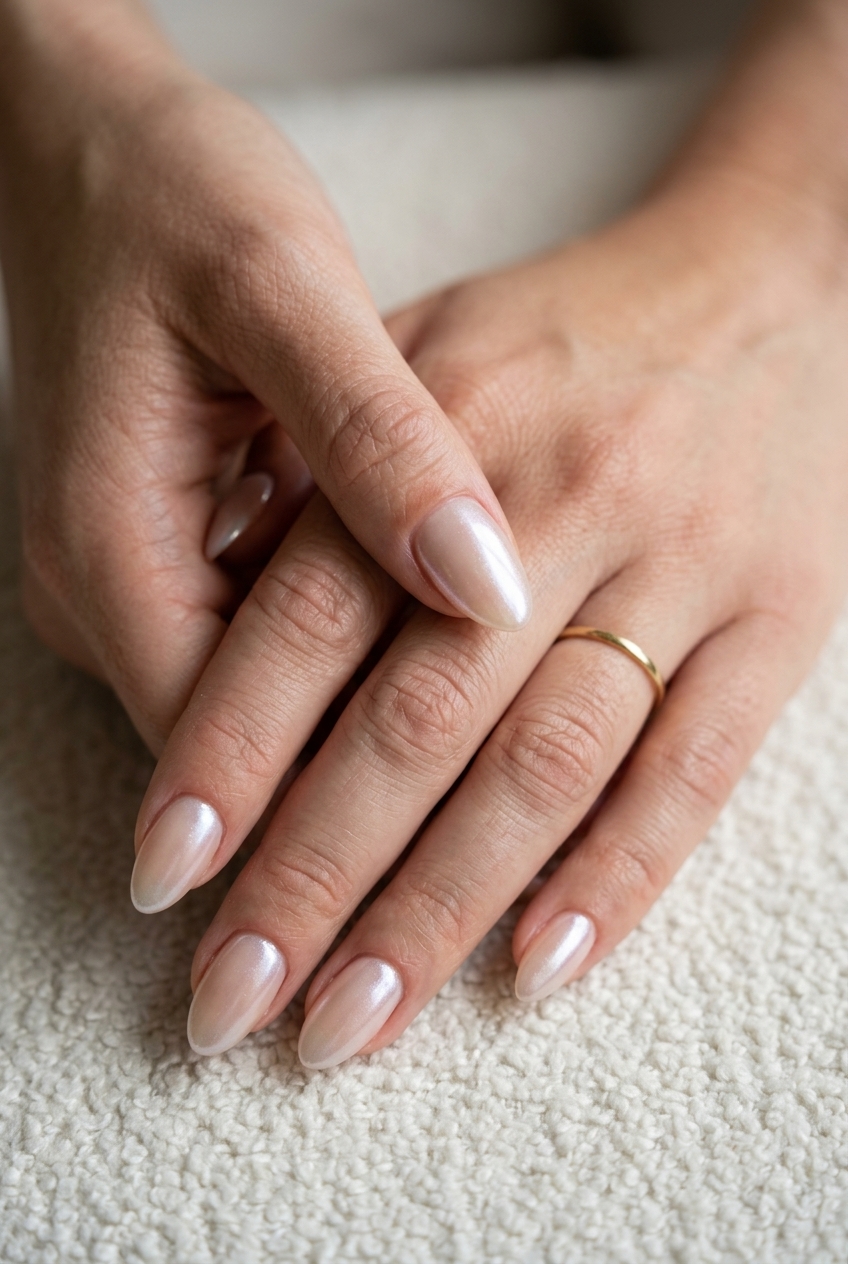 Subtle Pearlescent Chrome Dust Almond Nails | Summer Nail Inspo 2026 Glamorous sheer nude nails with pearlescent chrome dust. Ethereal and polished. Summer nail inspo 2026.