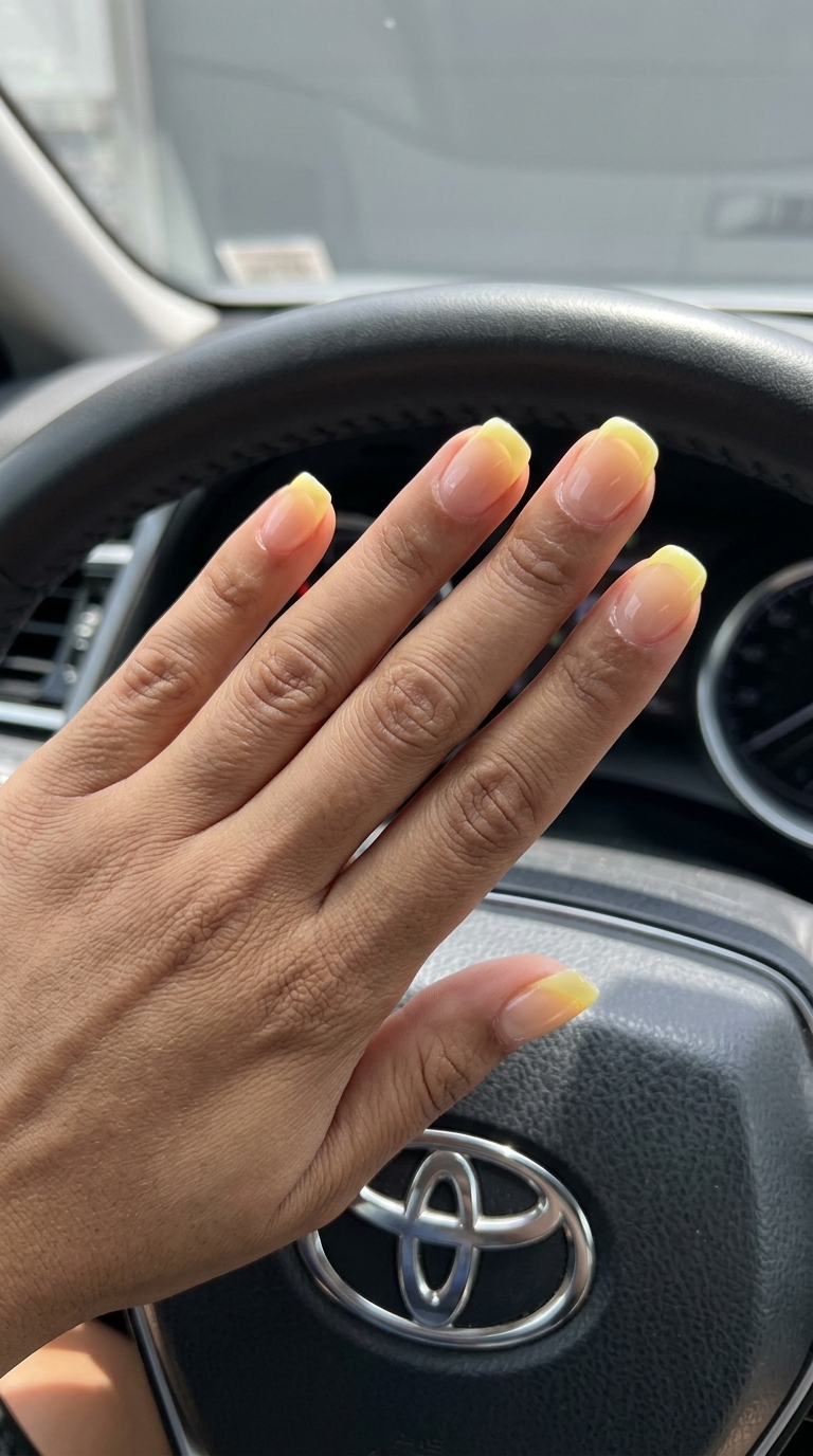 Sunny Sheer Yellow French nails for summer nail inspo 2026. Translucent lemon yellow tips on a clear base for a playful look.
