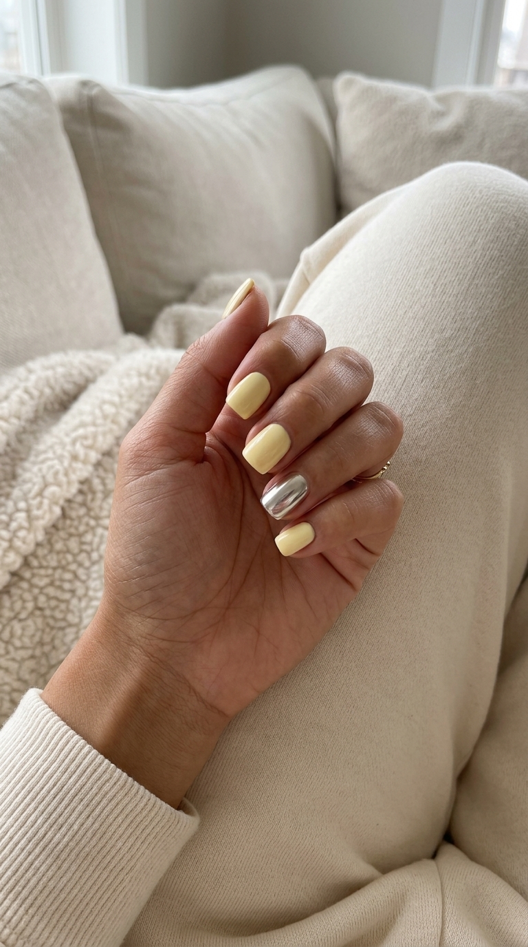 Yellow & Chrome Duo Almond Nails | Summer Nail Inspo 2026 Bold yellow & chrome duo almond nails for parties and nights out. Futuristic glam. Summer nail inspo 2026.