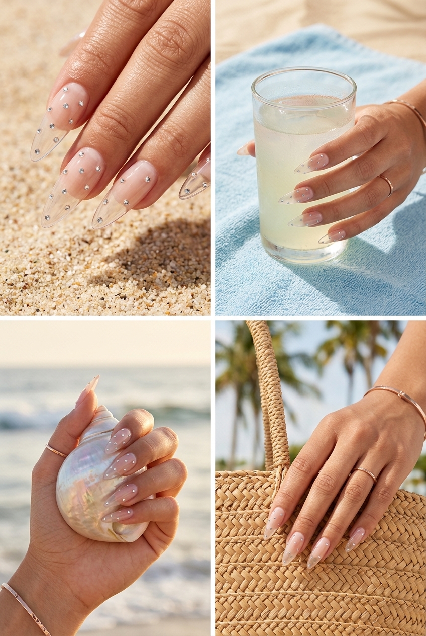 Glamorous clear glass rhinestone sparkle nails for parties. Summer nail manicure ideas 2026.